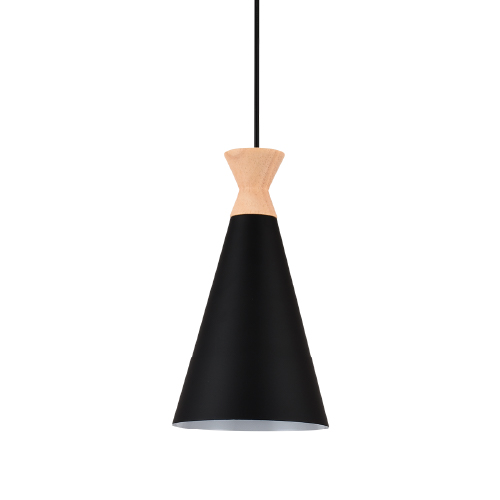 Colgante de 1 luz E27 de metal negro y madera con diámetro de 15cm